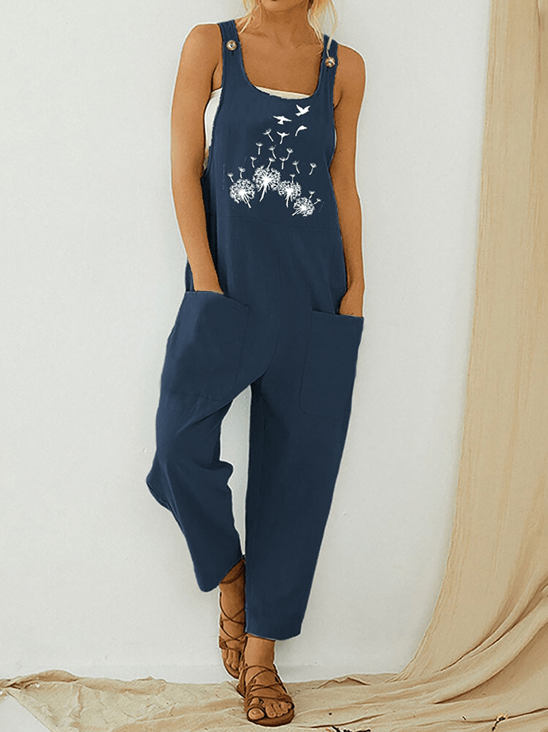 Floral Vintage Print Straps Patchwork Jumpsuit With Pocket