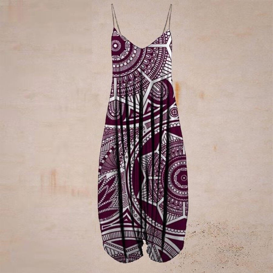 Burgundy Ethnic Print Harun Suspender Pants