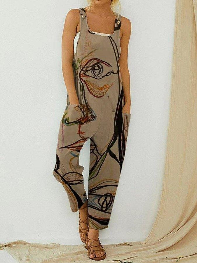 Art Illustration Vintage Print Straps Patchwork Jumpsuit With Pocket