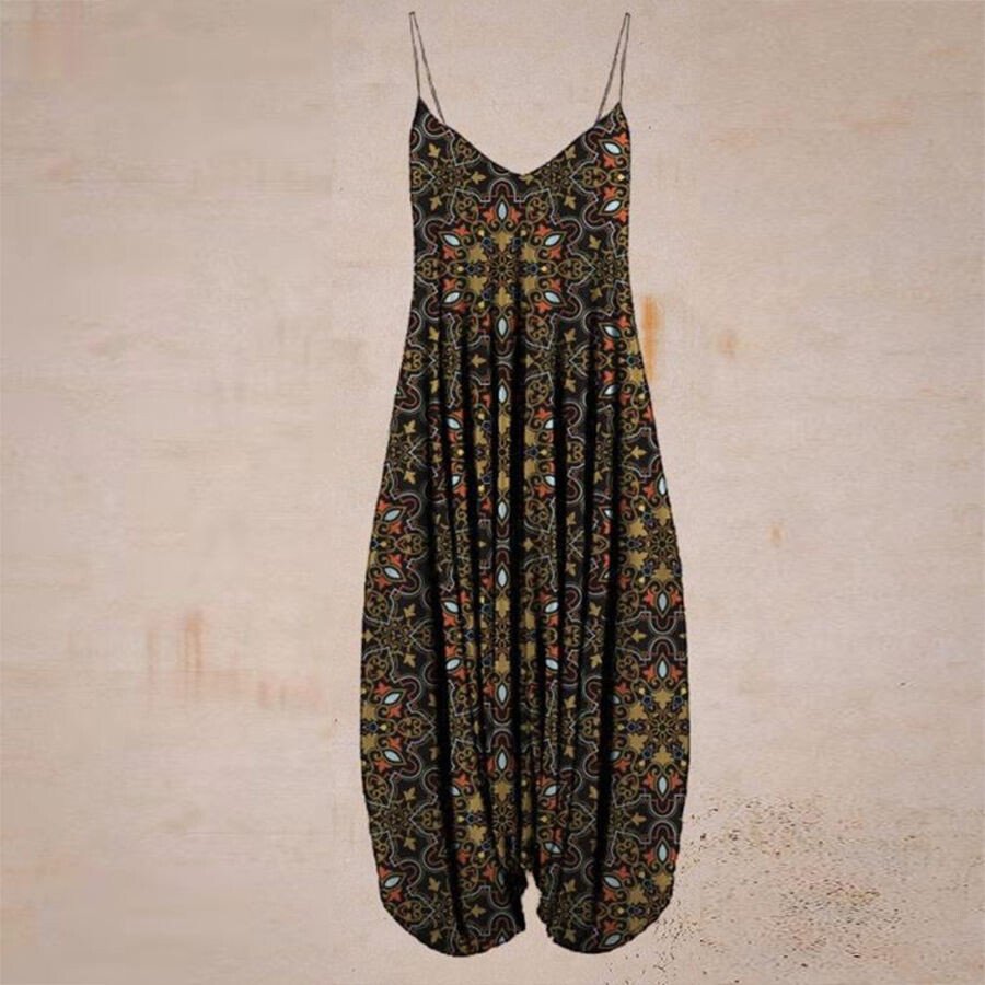 Brown Ethnic Print Harun Suspender Pants