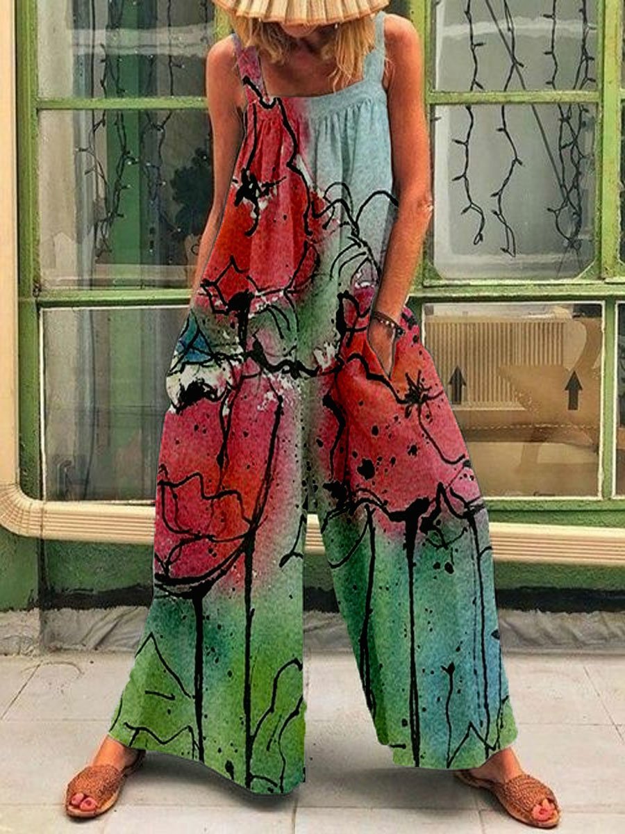 Retro flower print loose casual jumpsuit