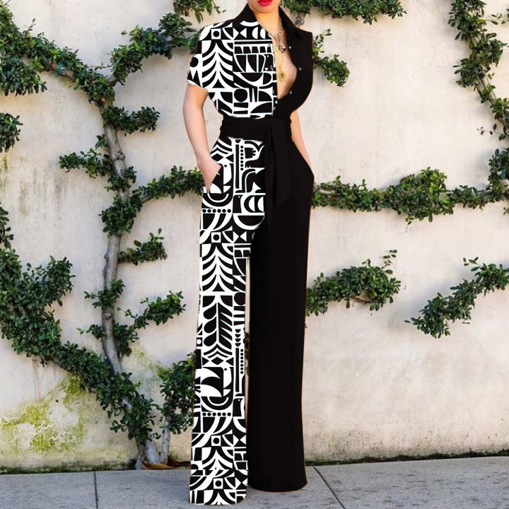 Women's elegant asymmetrical linear print jumpsuit