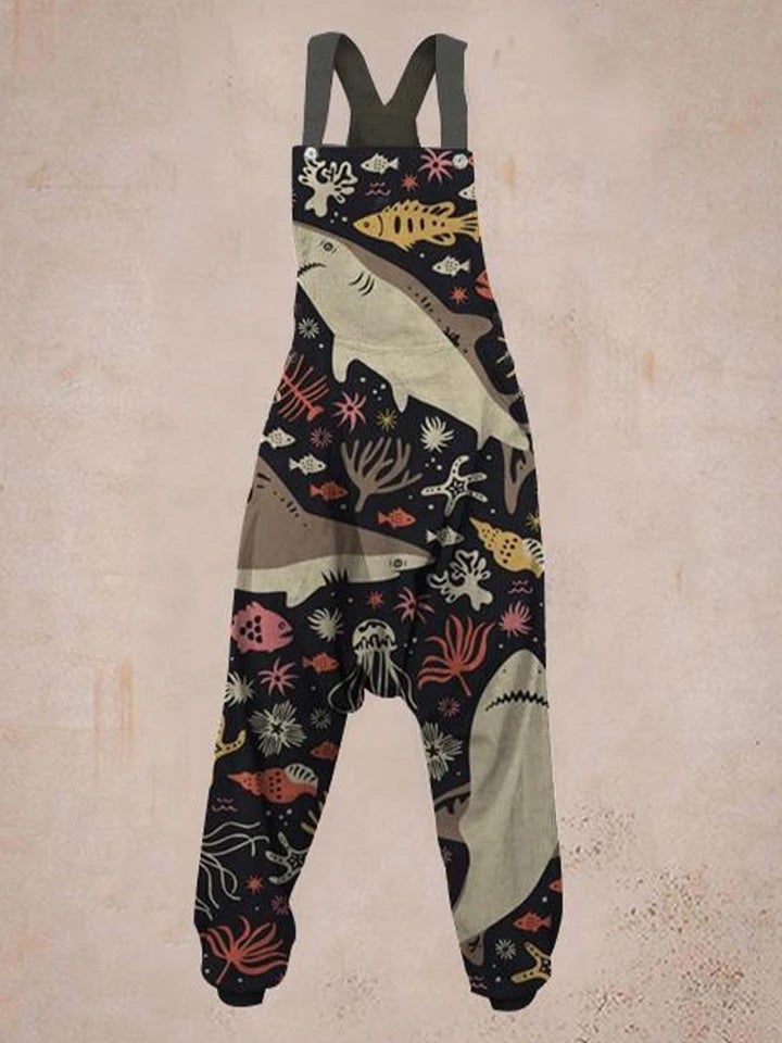 Women's Shark Print Sleeveless Harem Jumpsuit