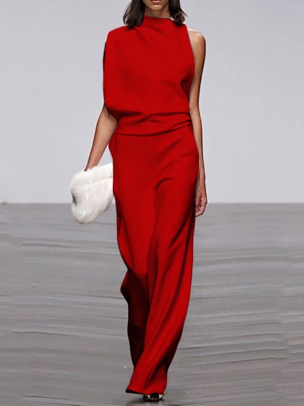 Women's Commuting Asymmetry Sleeve Pure Colour Jumpsuit